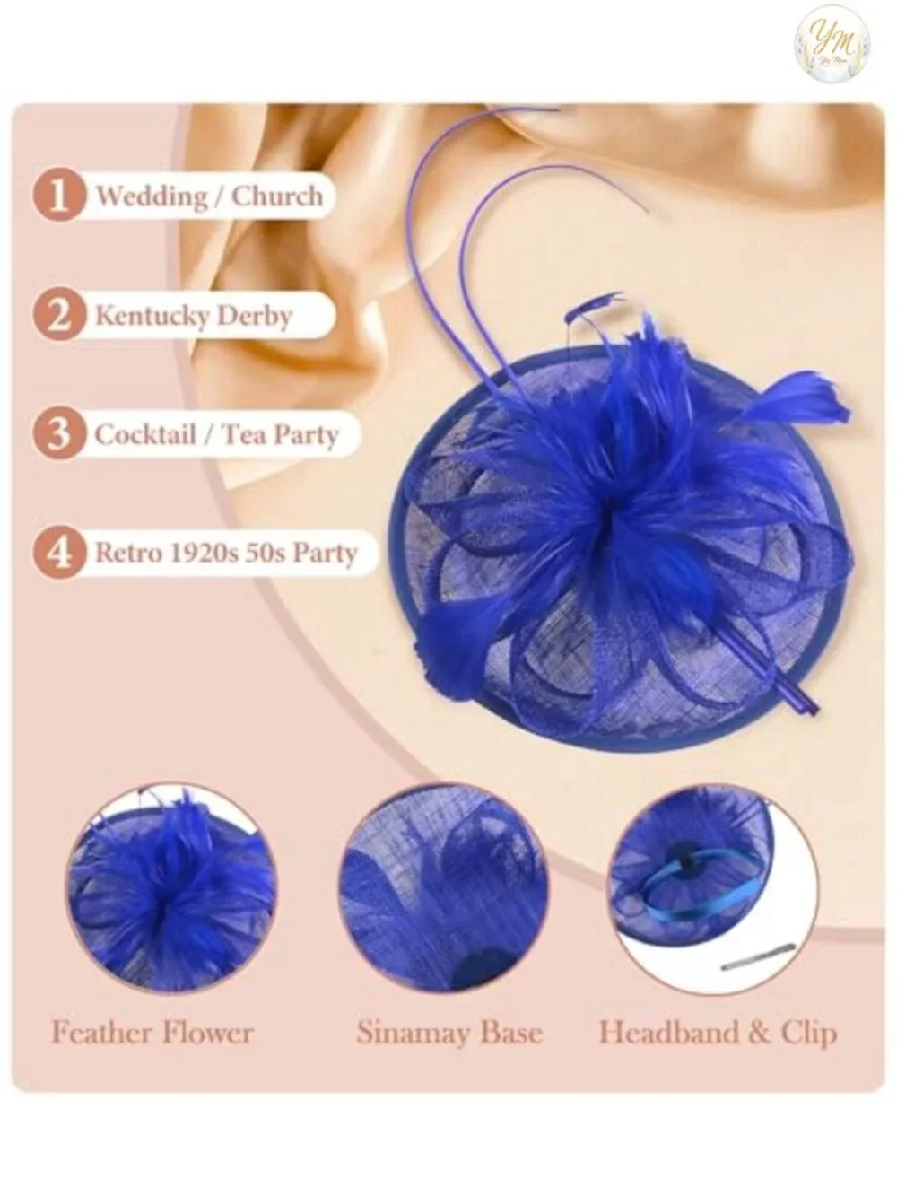 Sinamay Fascinator Hat Floral Feather Pillbox Derby for Women Tea Party